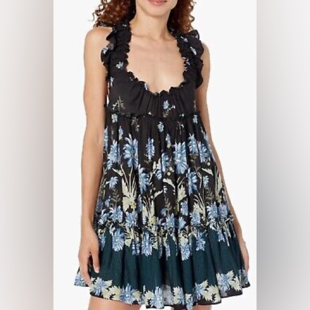 Free People Black Floral Mini Dress with Blue and Cream Flowers